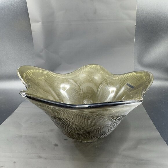 Sasaki Stephen Dweck Glass Bowl Abstract Shape Olive Green Satin Swirl Japan VTG - Picture 14 of 16